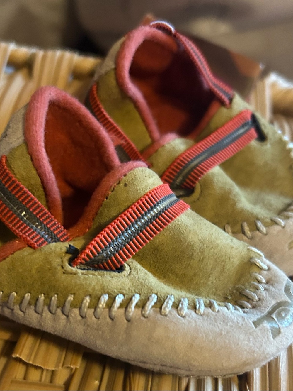 Wolverine Suede Kids Moccasins with Coral Trim